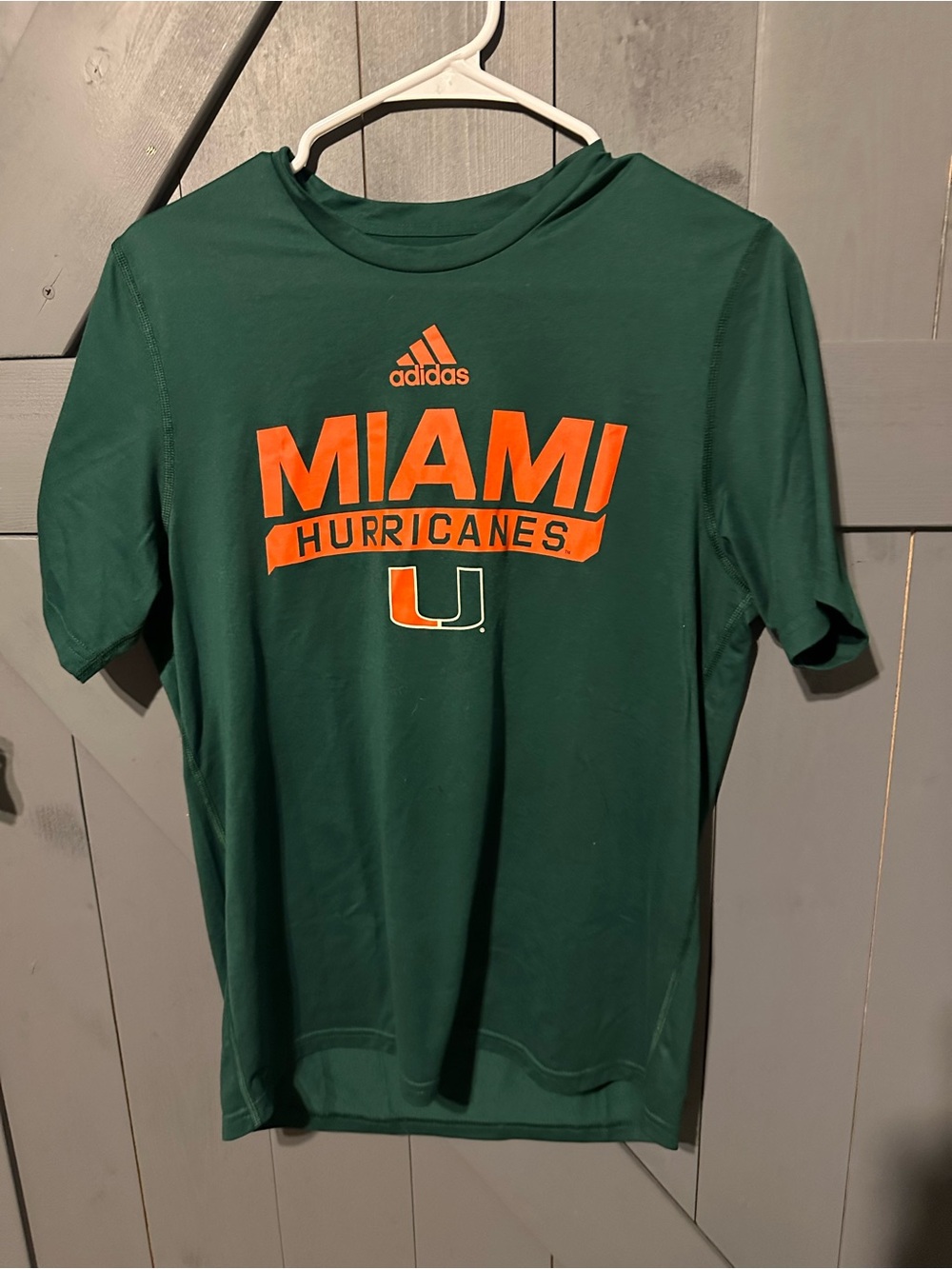 adidas Miami Hurricanes Green Tee with Orange Logo Men’s Medium